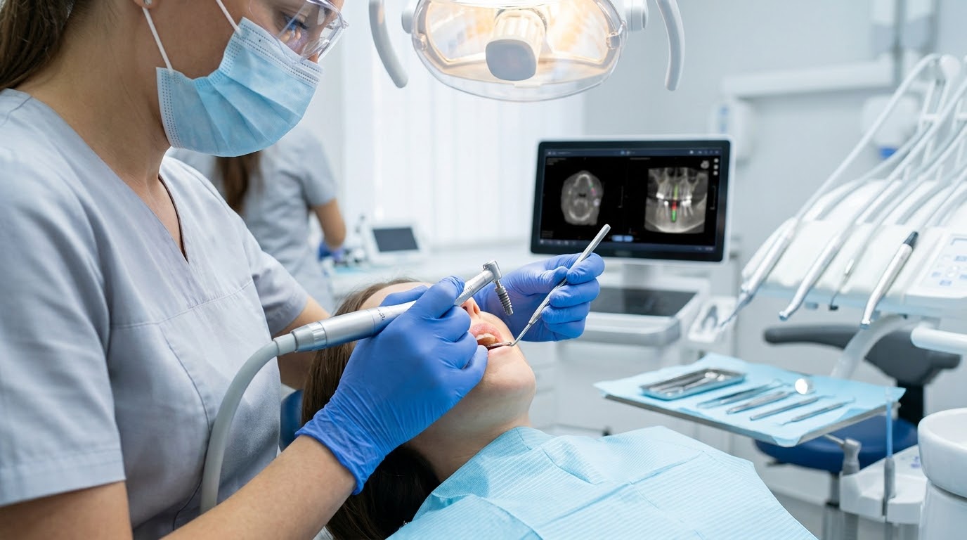 Dentista realizando procedimento com tomografia do implante na tela