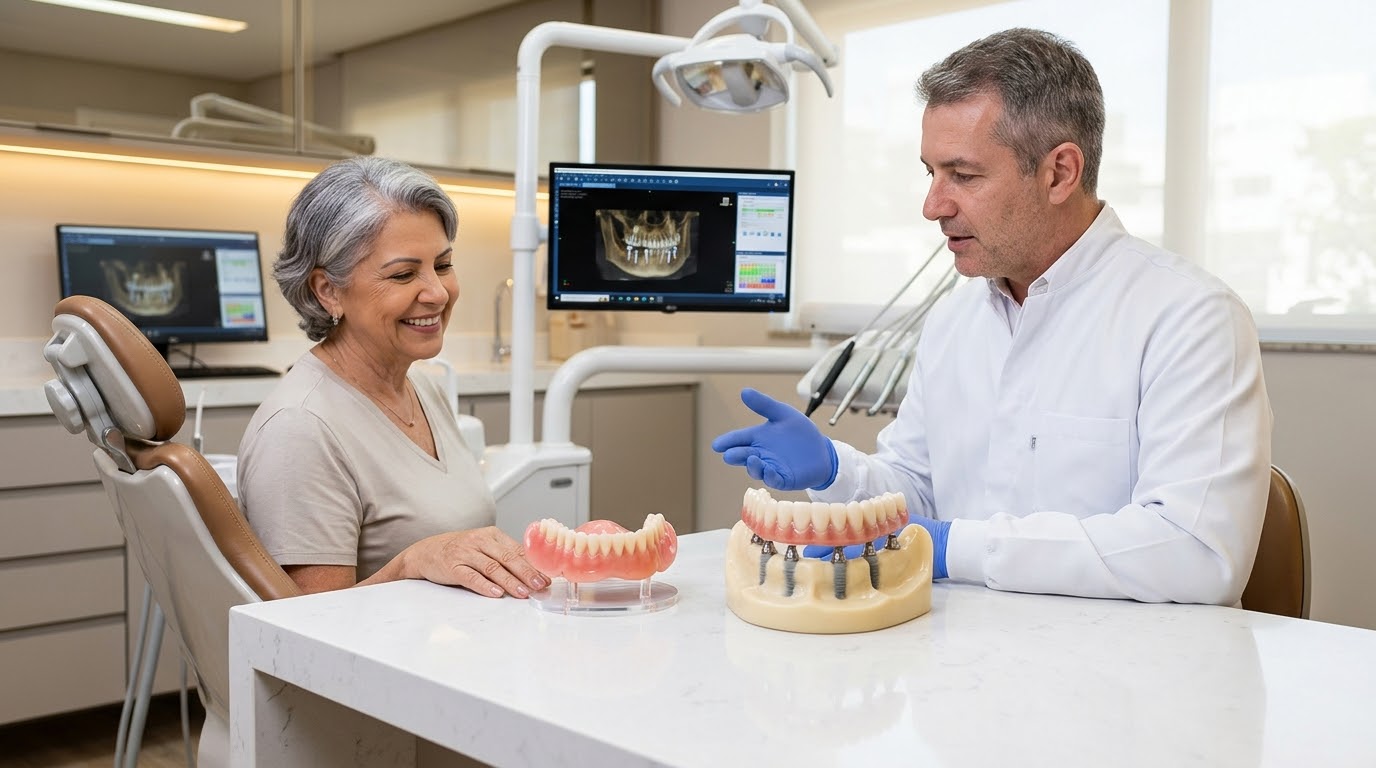 Dentista comparando uma dentadura e um modelo de protocolo sobre implantes com a paciente