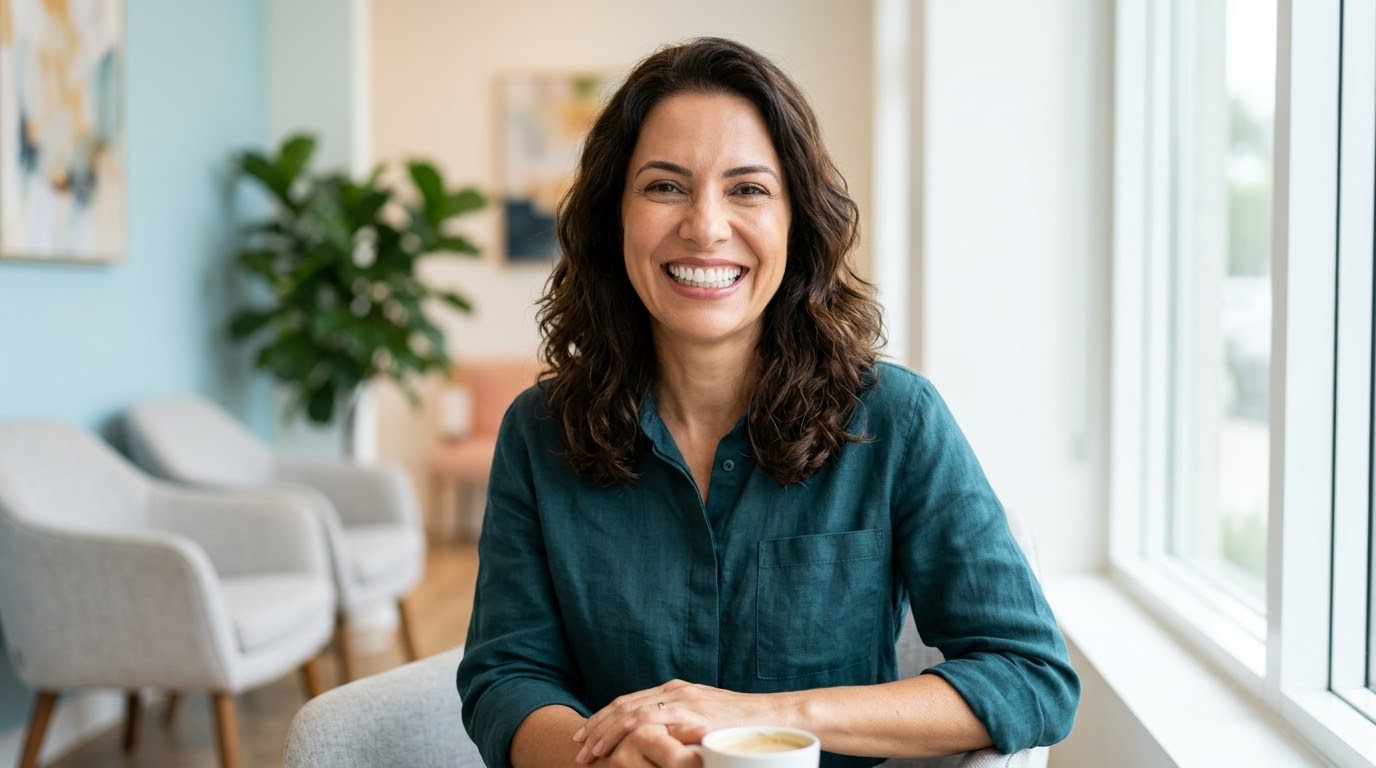 Mulher sorrindo com tranquilidade na sala de espera